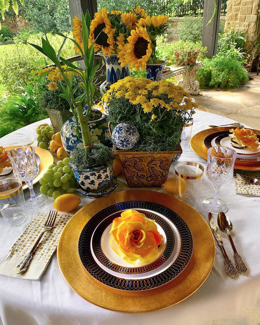 Elegant Sukkot tablescape featuring high-quality disposable tableware.