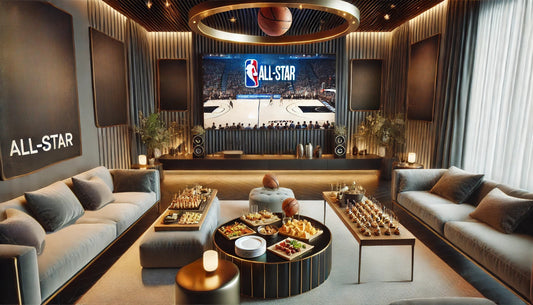 A cozy living room featuring couches and a TV, set up for an NBA watch party with snacks and drinks nearby.