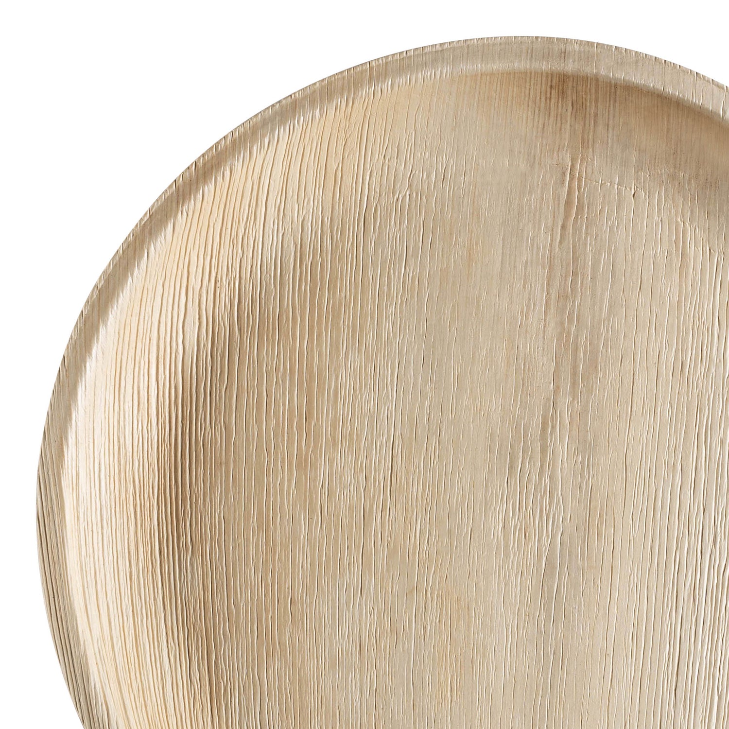 Close-up image of the Round Palm Leaf Disposable Eco-Friendly Platter (12") made from natural, compostable palm leaf material. The biodegradable dinnerware displays visible grain patterns and a light beige color, emphasizing its organic nature. The edges are slightly raised for added convenience.