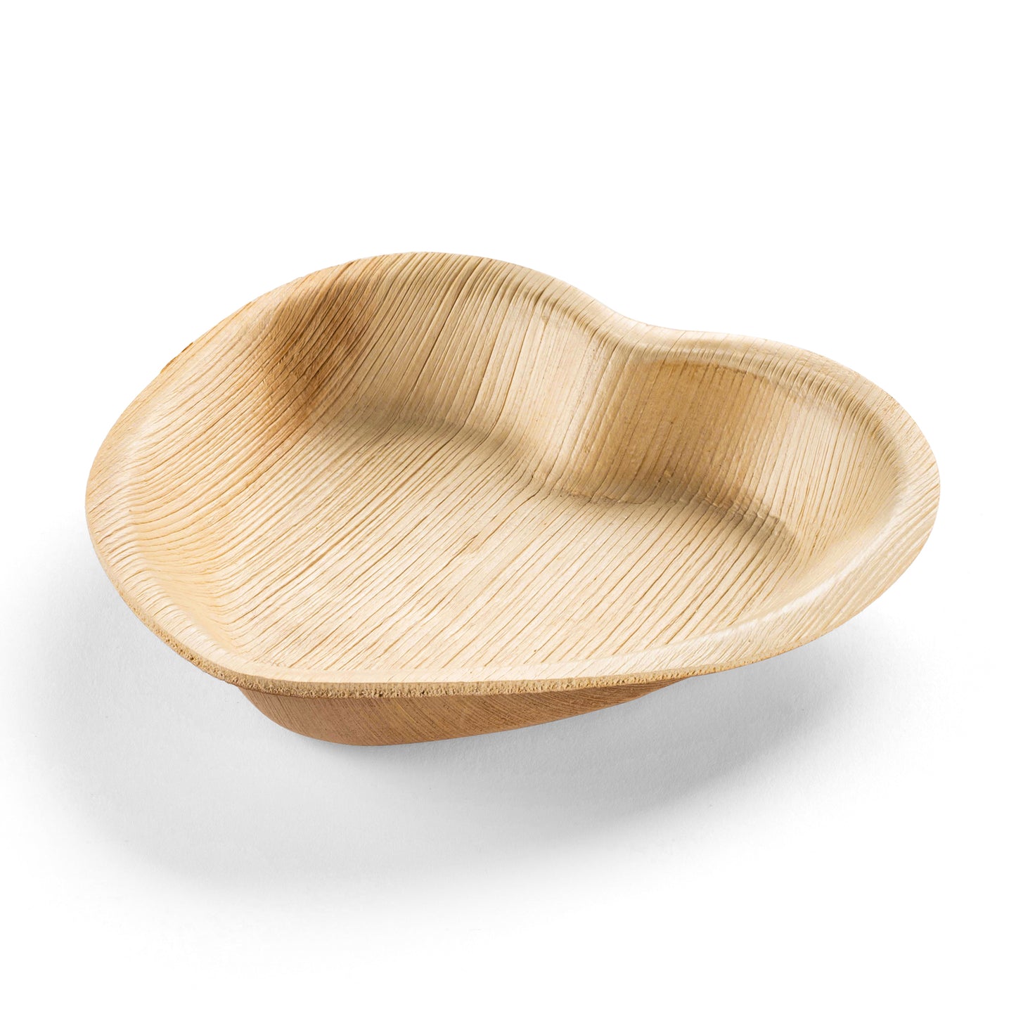 A heart-shaped wooden bowl featuring a smooth, light brown finish with visible wood grain that adds texture and a natural look. Photographed on a white background to emphasize its shape and details, the bowl is displayed alongside Heart Natural Palm Leaf Eco-Friendly Disposable Salad Plates (6").