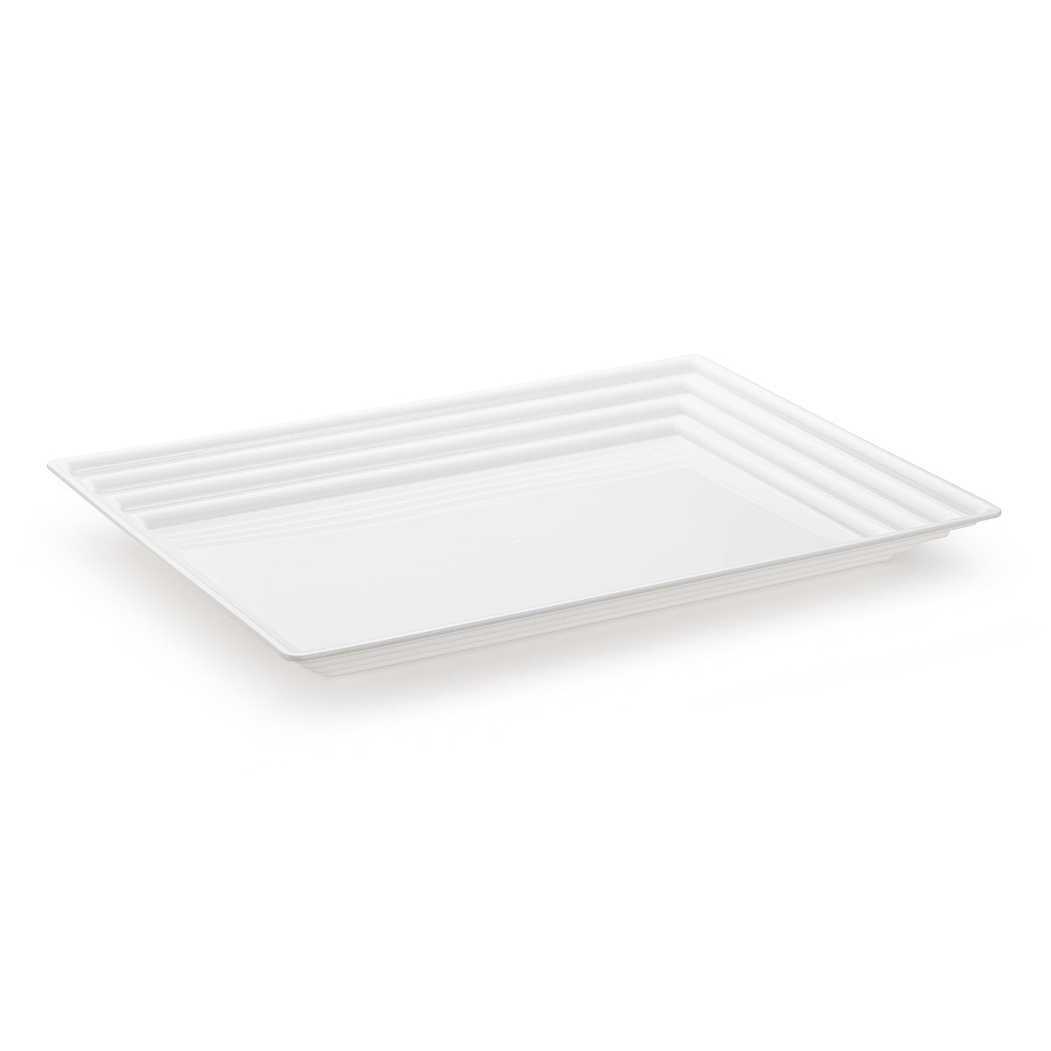 Resting on a white background, the 11" x 16" White Rectangular with Groove Rim Disposable Plastic Serving Trays boast a sleek, modern design with a smooth surface and slightly raised, ridged border that lends them an elegant appearance perfect for serving various dishes.