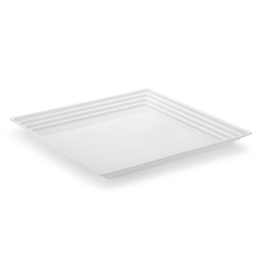 The 16" x 16" White Square with Groove Rim Disposable Plastic Serving Tray features a minimalist, square design with gently stepped edges near the rim, creating a subtle layered effect. Its modern and sleek appearance makes it ideal for serving various types of food, while the plain white background highlights the elegance of these square trays.