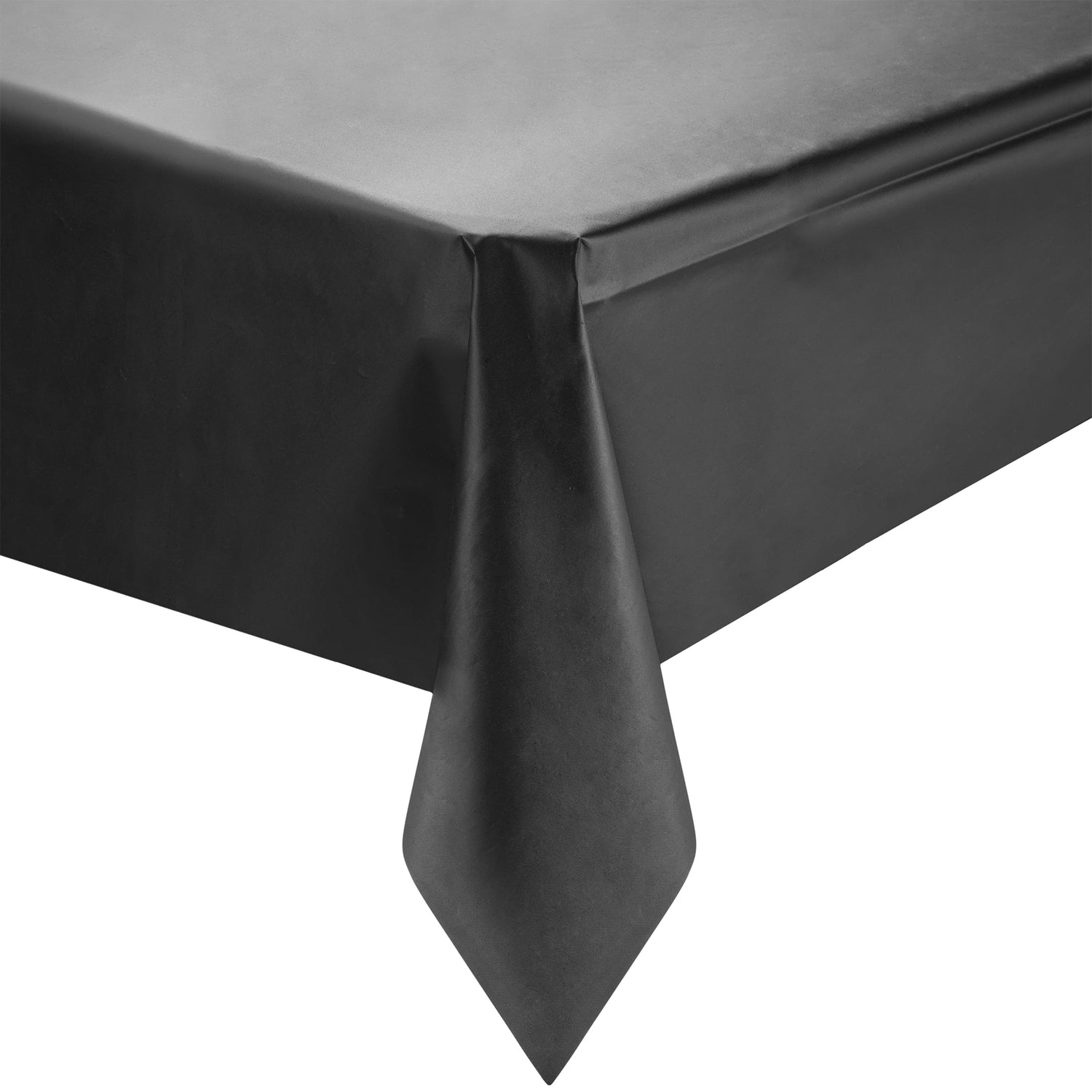 Here's a close-up view of the corner of a rectangular table covered with the Black Rectangular Plastic Tablecloth (54" x 108"). The fabric hangs neatly over the edge, offering a polished and refined finish.