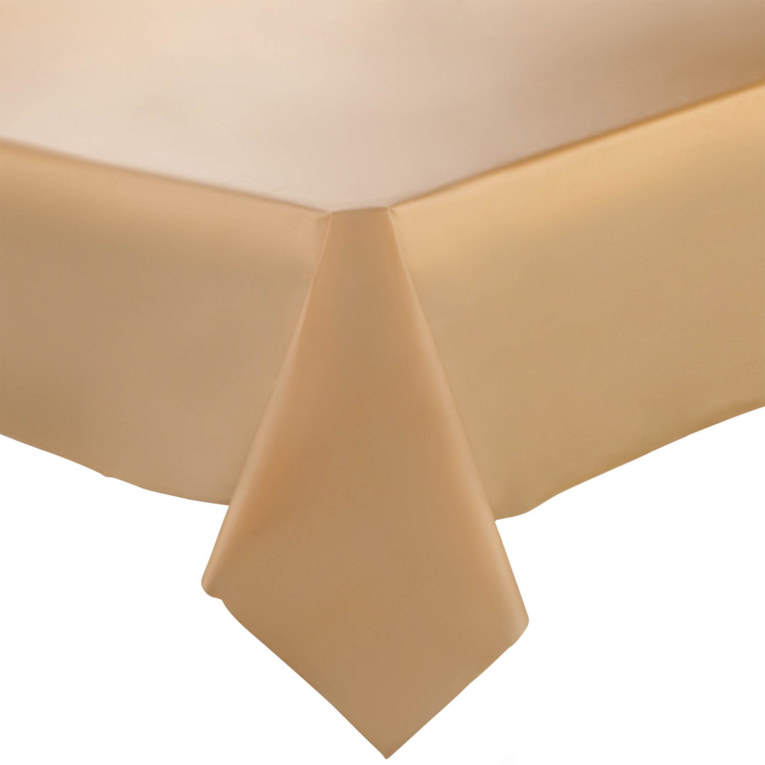 A detailed close-up of a corner of the Gold Rectangular Plastic Tablecloth (54" x 108") draped over a rectangular table, showcasing how it hangs evenly over the edge and forms soft folds at the corner against a white background.