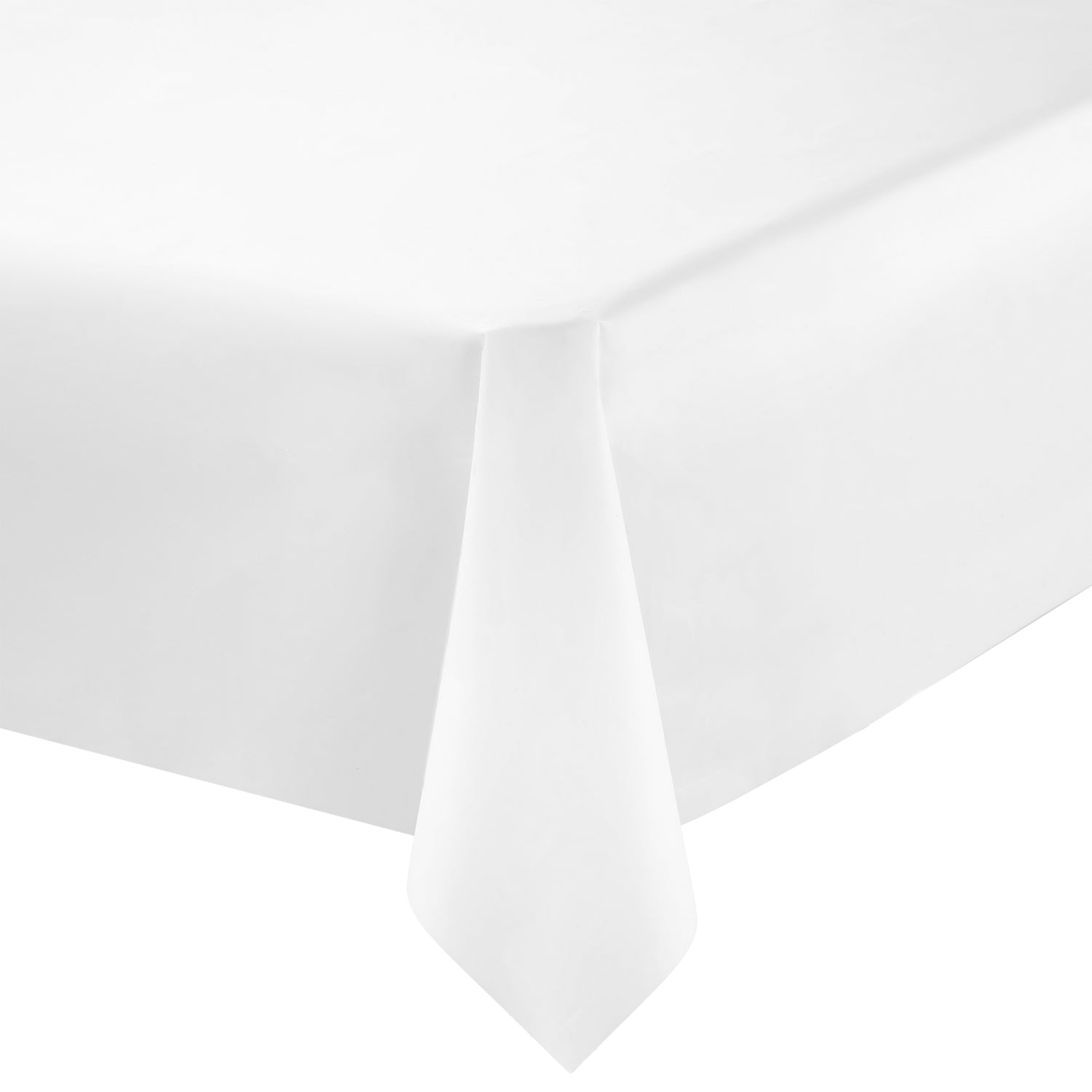 A White Rectangular Plastic Tablecloth (54" x 108") is neatly draped over the edge of a table. The tablecloth has a smooth texture and hangs down the side, forming a sharp corner. The image focuses on the corner of the table, showcasing the simple and clean design ideal for single party use.