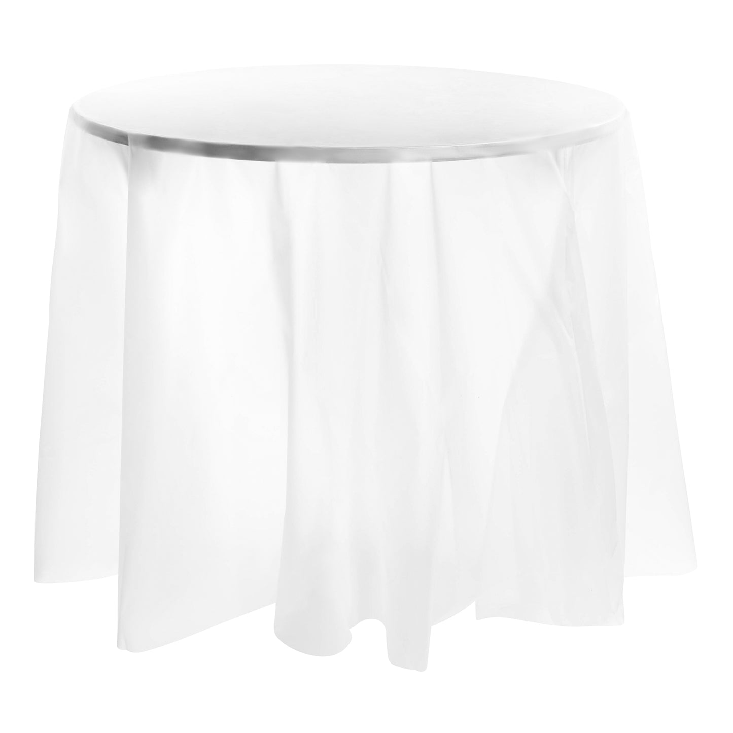 The White Round Plastic Tablecloth (84") drapes elegantly to the floor, and its slight translucence creates a soft and sophisticated look. Ideal as a party table cover, it turns any occasion stunning against the plain white background.