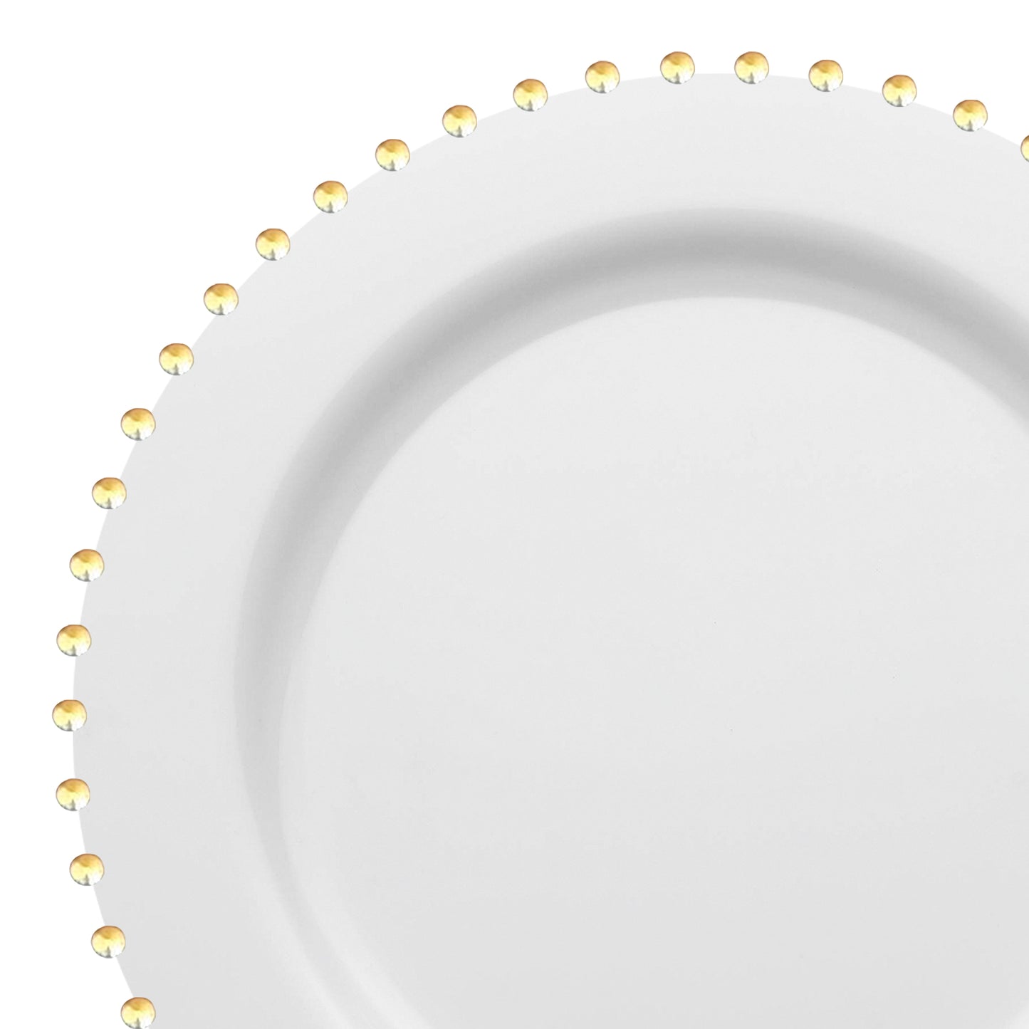 The White with Gold Pearl String Round Plastic Dinner Plates (10”) showcase an elegant disposable design, featuring a white surface with a slightly concave center and a wide rim adorned with evenly spaced small gold-colored dots around the edge, blending simplicity with sophistication.