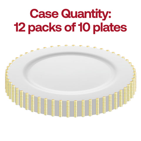 White with Gold Pearl String Round Plastic Dinner Plates (10”)