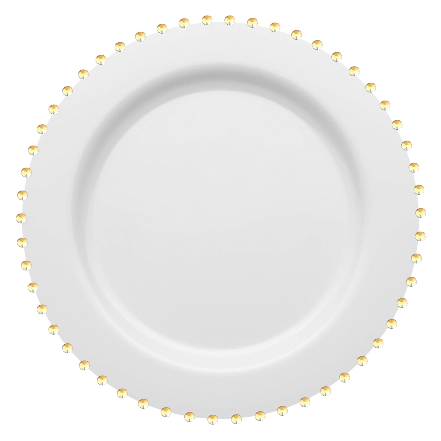 A 10-inch round, white dinner plate featuring a smooth surface and adorned at the edge with evenly spaced small yellow decorative beads. The design of the White with Gold Pearl String Round Plastic Dinner Plates adds a touch of elegance to the plain white plate, making this piece of elegant disposable dinnerware perfect for elevating any setting. The background is plain white.