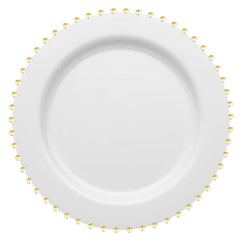 A 10-inch round, white dinner plate featuring a smooth surface and adorned at the edge with evenly spaced small yellow decorative beads. The design of the White with Gold Pearl String Round Plastic Dinner Plates adds a touch of elegance to the plain white plate, making this piece of elegant disposable dinnerware perfect for elevating any setting. The background is plain white.