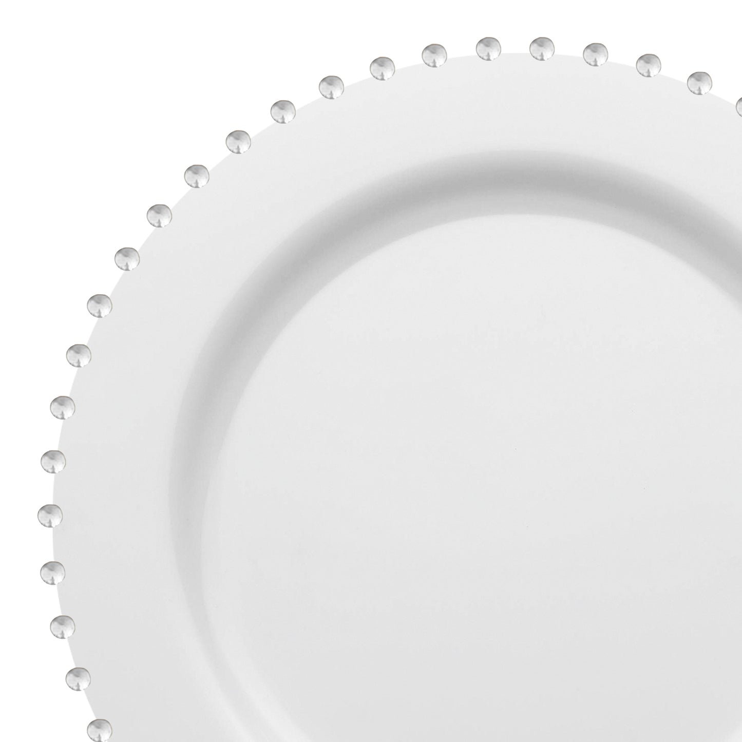 Introducing the White with Silver Pearl String Round Plastic Dinner Plates (10”), featuring a stylish beaded edge. The evenly spaced silver pearls create a textured border, making these elegant plates perfect for sophisticated event tableware.