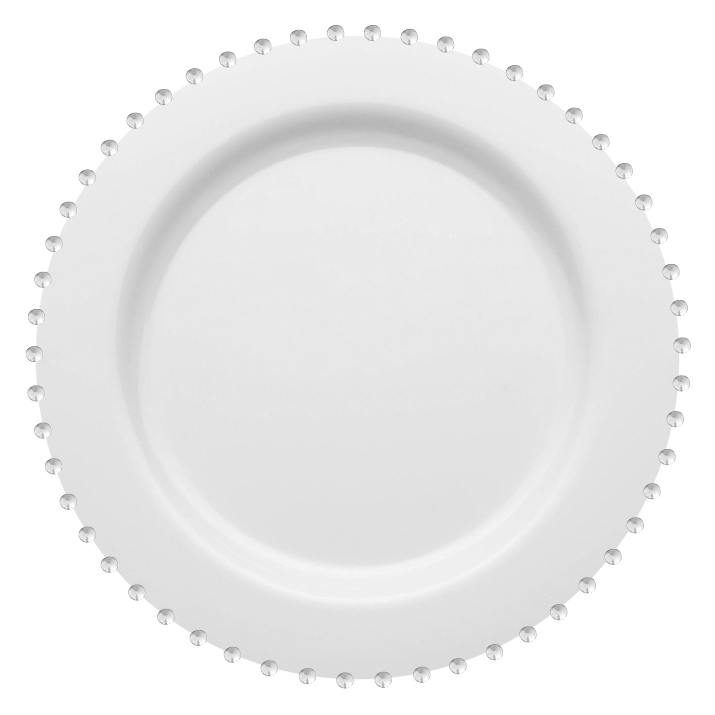 The White with Silver Pearl String Round Plastic Dinner Plates (10”) boast a smooth, simple design with a decorative border of evenly spaced, clear bead-like accents. These elegant plates are ideal for sophisticated event tableware, set against a plain white background.