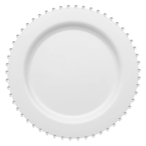 The White with Silver Pearl String Round Plastic Dinner Plates (10”) boast a smooth, simple design with a decorative border of evenly spaced, clear bead-like accents. These elegant plates are ideal for sophisticated event tableware, set against a plain white background.