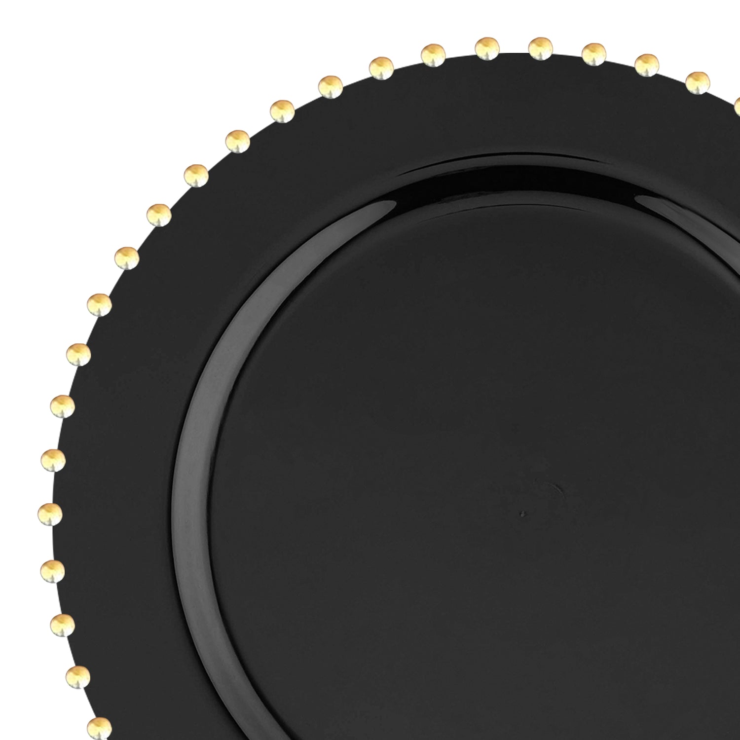 A large, round black plate with a glossy finish and a decorative rim featuring a pattern of small yellow dots evenly spaced around the edge. The Black with Gold Pearl String Round Plastic Salad Plates (7”) exude elegance and are perfect for special occasions or formal dining settings.