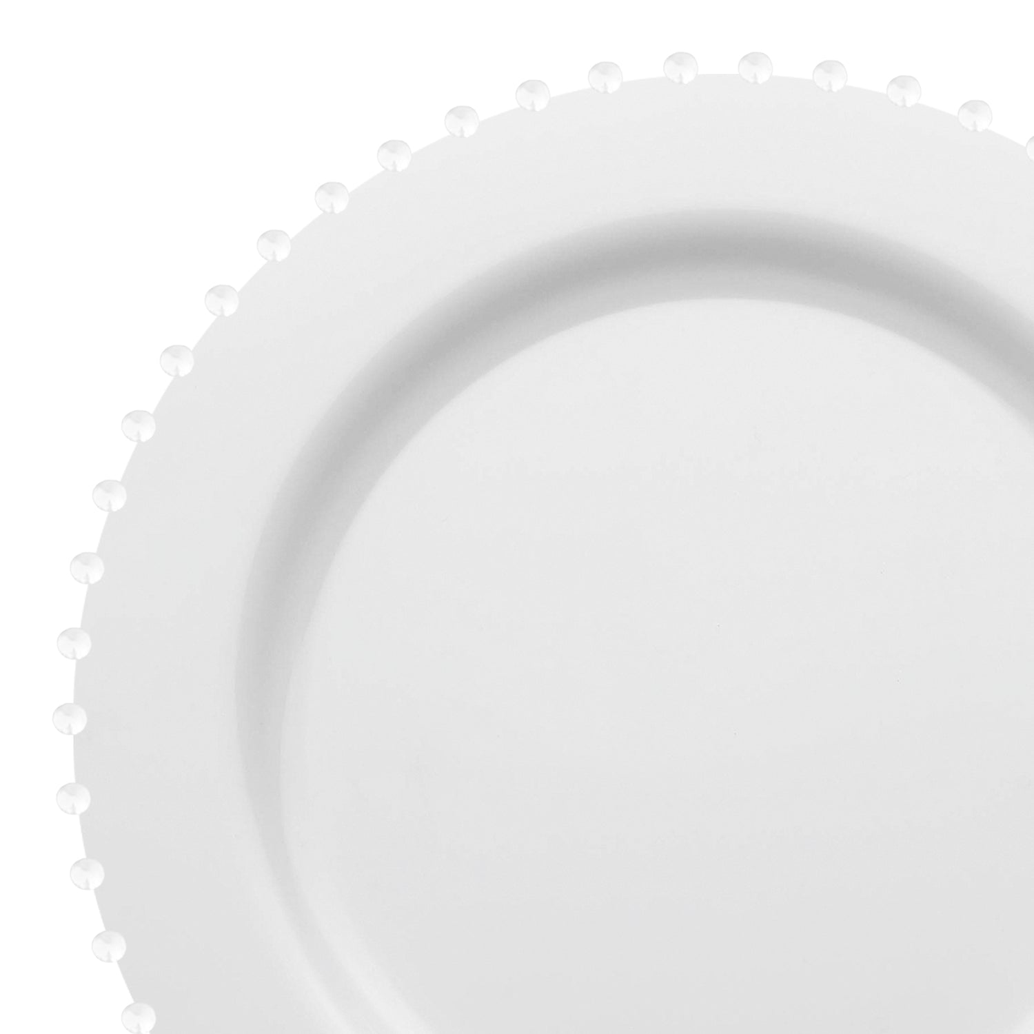 A close-up of the White Pearl String Round Plastic Salad Plates (7”), featuring a sophisticated white pearl string design along the rim. The plate, set against a white background, beautifully highlights its simple yet elegant craftsmanship.