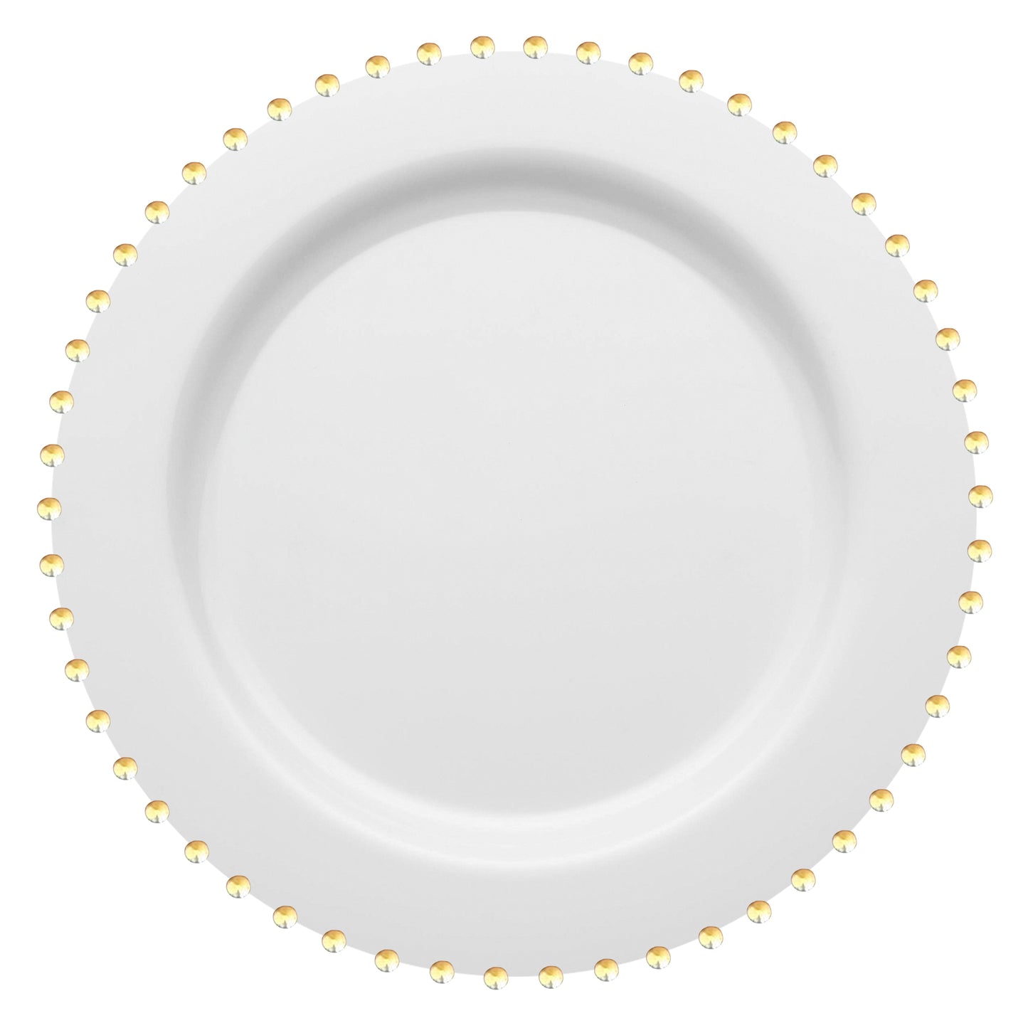 The White with Gold Pearl String Round Plastic Salad Plates (7”) are round and white with a smooth surface, featuring a decorative border of small, evenly spaced gold dots around the rim that resemble a delicate string of pearls. This design is elegant and minimalist, making it ideal for a formal dining setting.