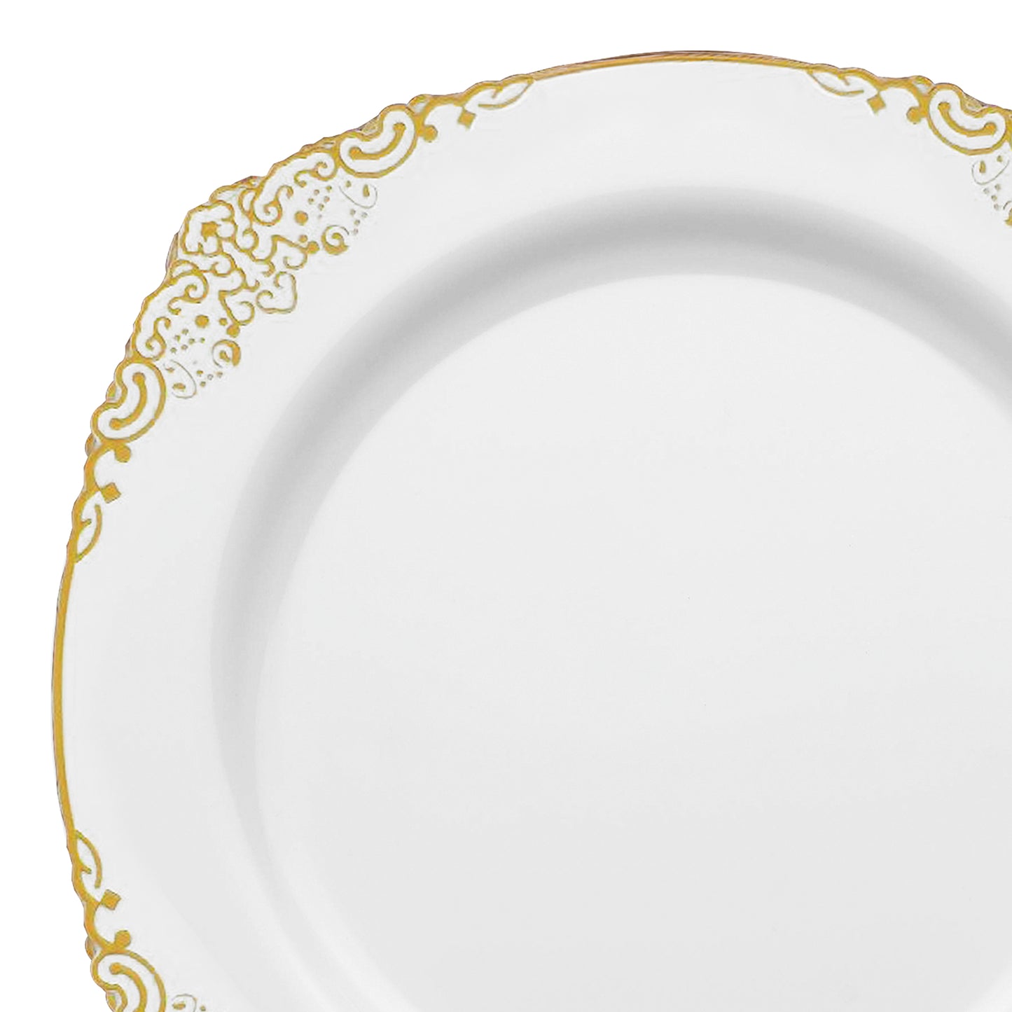 A White with Gold Fancy Round Plastic Dinner Plate (10.25”) features an intricate and elegant gold pattern along the rim, enhancing its simple and clean design with a touch of sophistication. This piece rivals any high-end counterpart often seen at upscale events. The plate is currently empty.