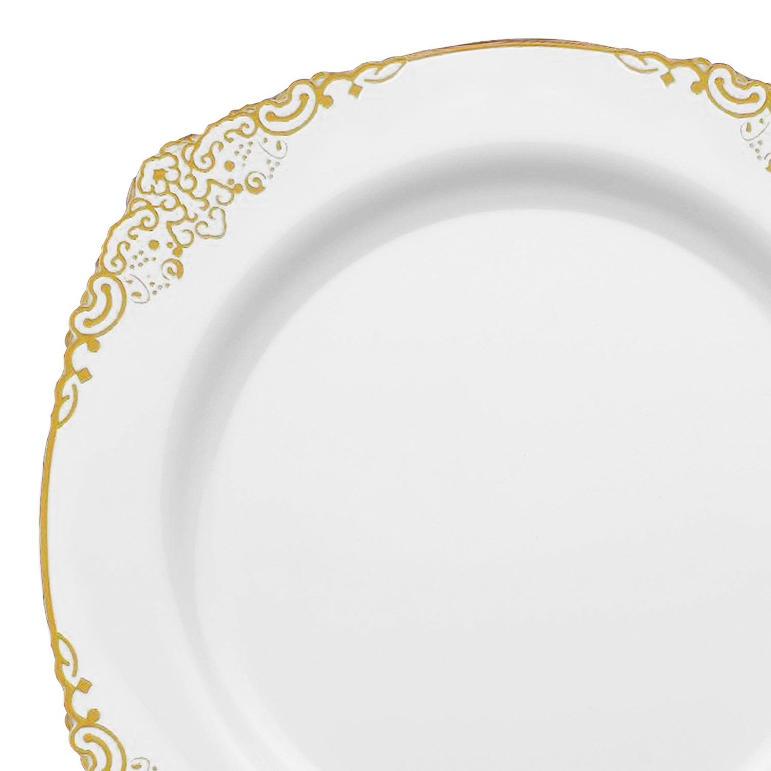 A White with Gold Fancy Round Plastic Dinner Plate (10.25”) features an intricate and elegant gold pattern along the rim, enhancing its simple and clean design with a touch of sophistication. This piece rivals any high-end counterpart often seen at upscale events. The plate is currently empty.