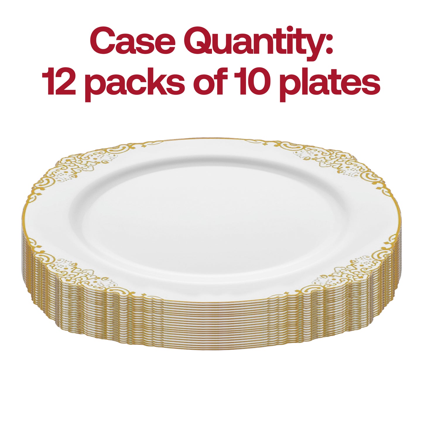 White with Gold Fancy Round Plastic Dinner Plates (10.25”)