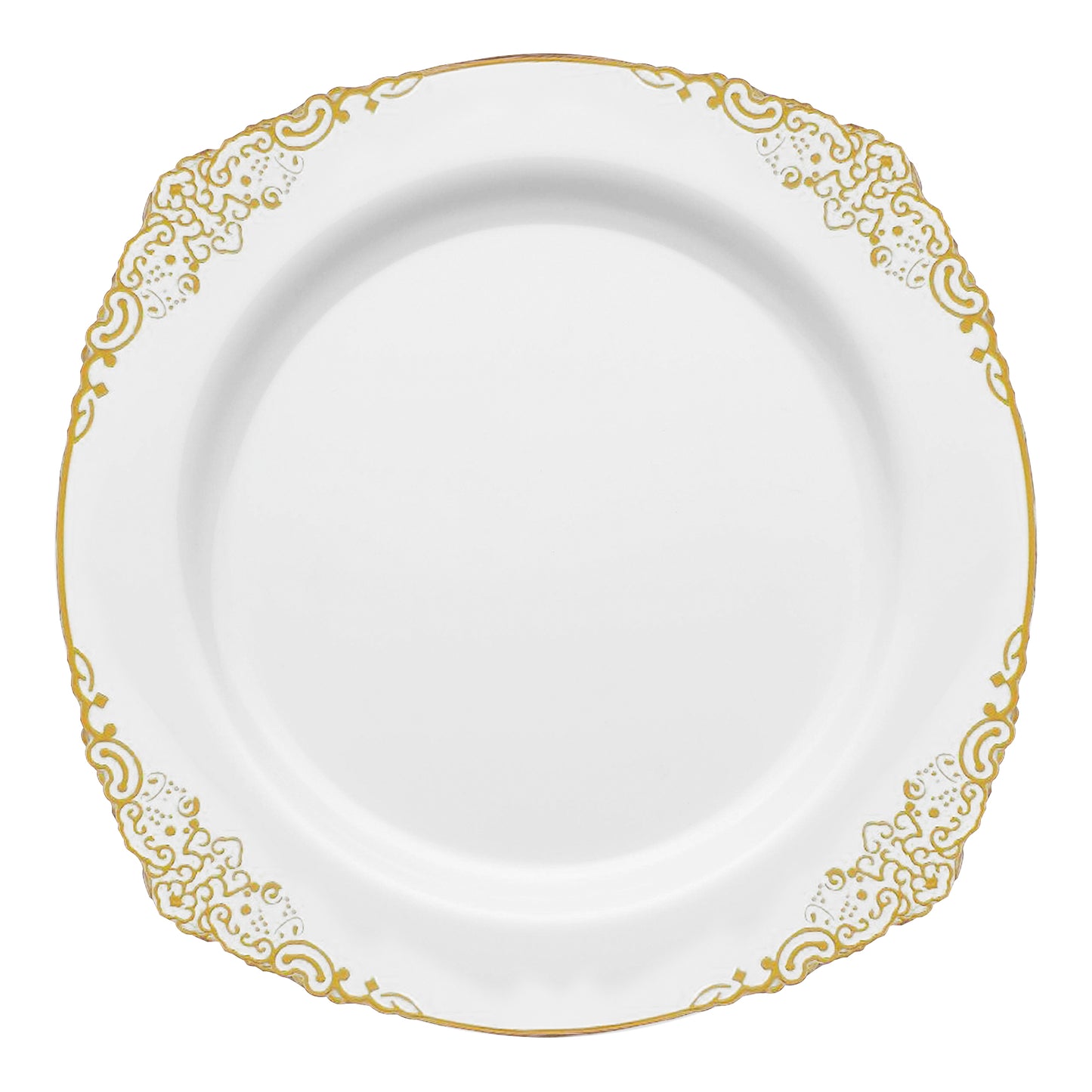 White with Gold Fancy Round Plastic Dinner Plates (10.25”) featuring a gentle curve and a rim adorned with a delicate, intricate gold pattern. These plates add an elegant touch to any event and offer the refinement of fine china with the convenience of disposable party plates.