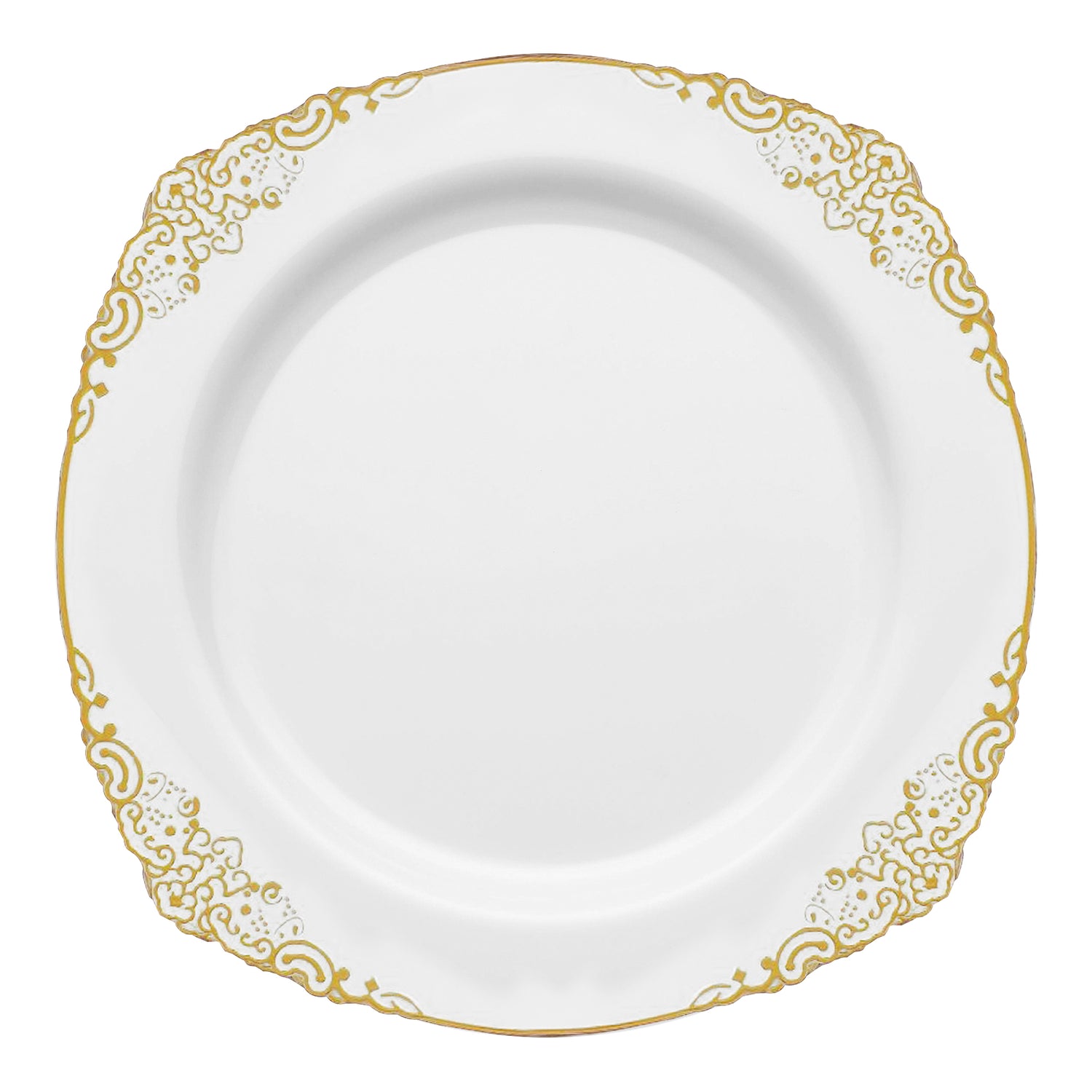 White with Gold Fancy Round Plastic Dinner Plates (10.25”) featuring a gentle curve and a rim adorned with a delicate, intricate gold pattern. These plates add an elegant touch to any event and offer the refinement of fine china with the convenience of disposable party plates.