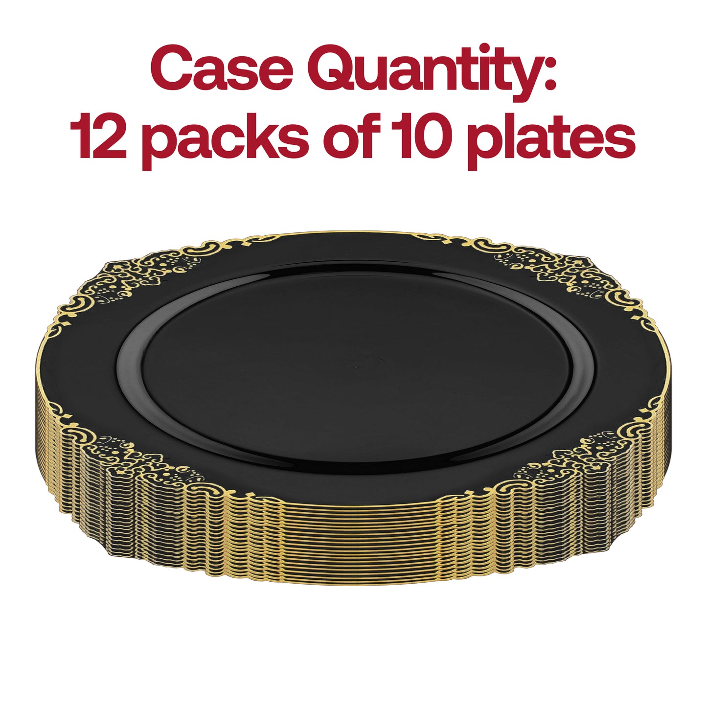 Black with Gold Fancy Round Plastic Salad Plates (7.5”)