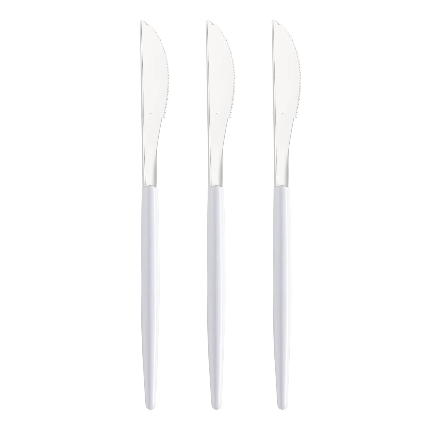 Shiny Silver with White Handle Moderno Disposable Plastic Dinner Knives