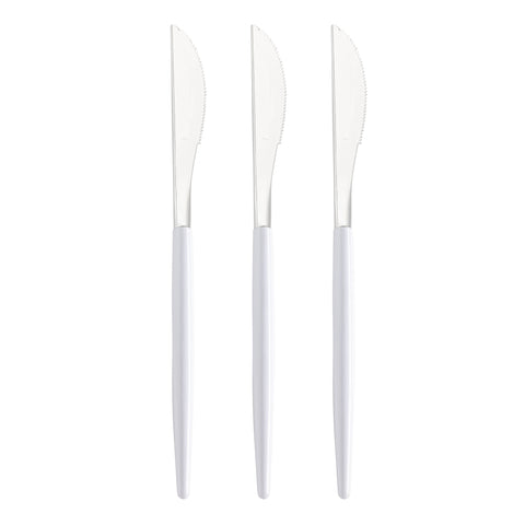 Shiny Silver with White Handle Moderno Disposable Plastic Dinner Knives