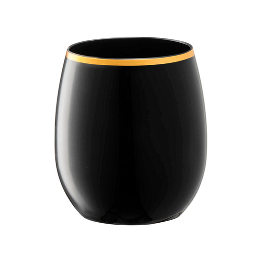 12 oz. Black with Gold Elegant Stemless Plastic Wine Glasses Main | The Kaya Colletion