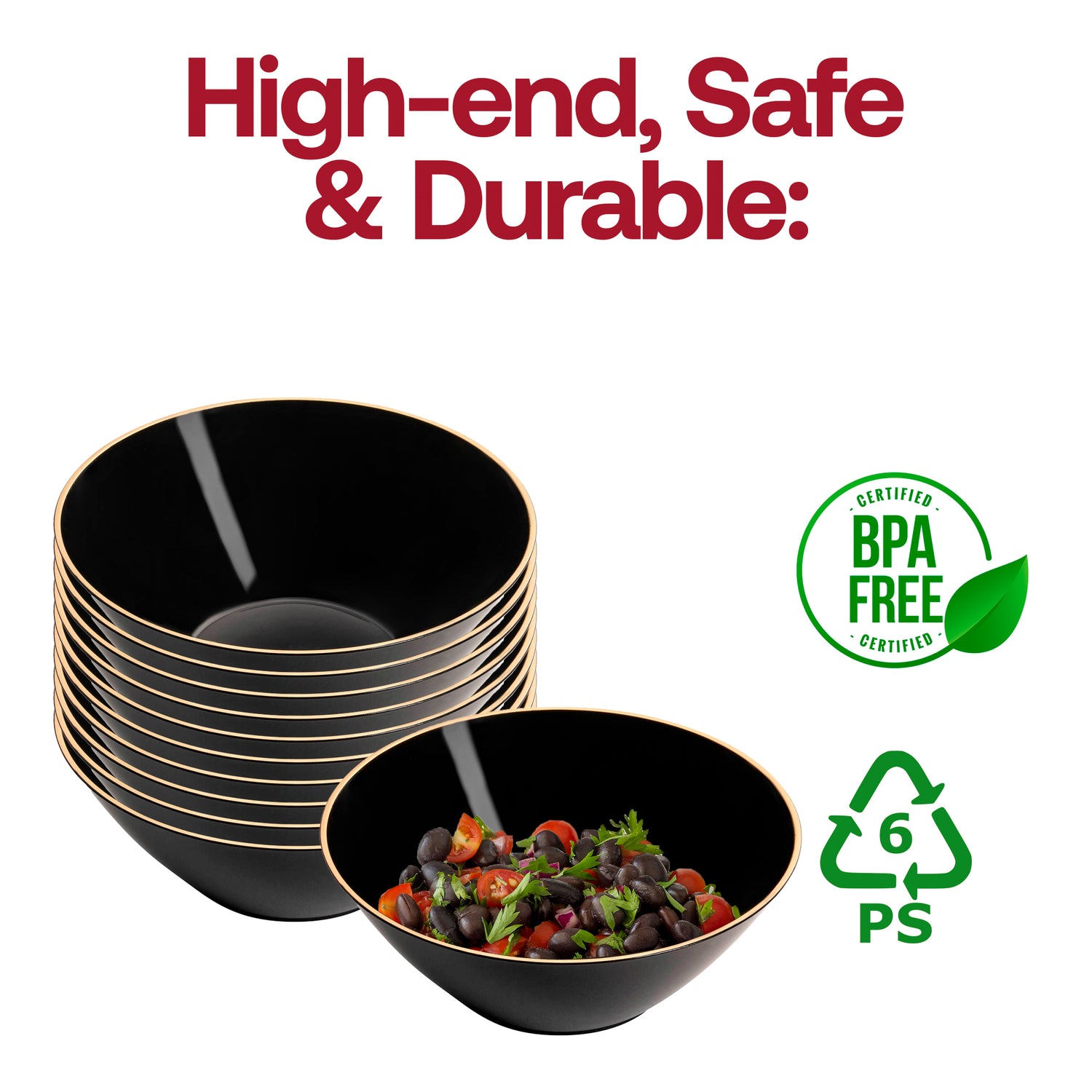 Black with Gold Rim Organic Round Disposable Plastic Dessert Bowls (6 oz.) BPA | The Kaya Collection