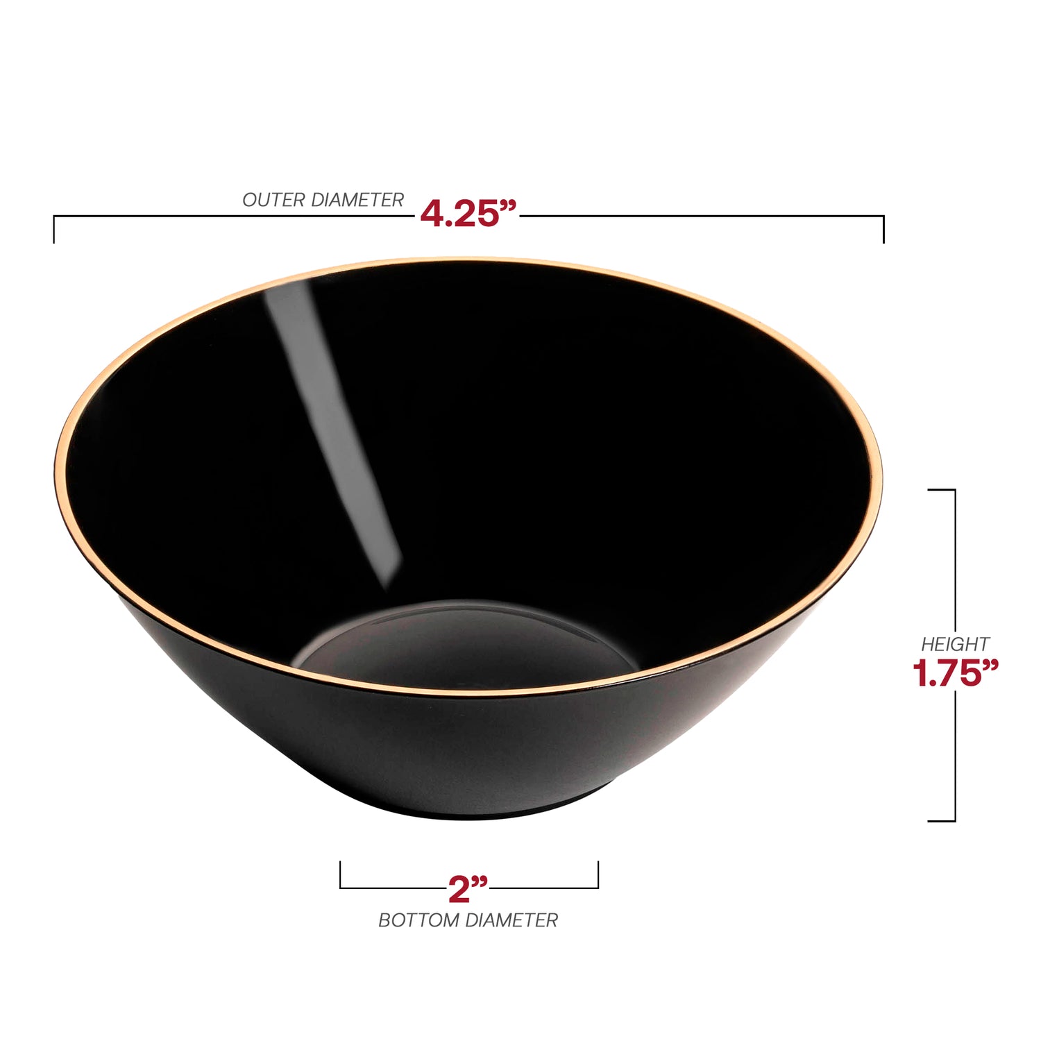 Black with Gold Rim Organic Round Disposable Plastic Dessert Bowls (6 oz.) Dimension | The Kaya Collection