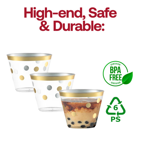 9 oz. Clear with Gold Dots Round Disposable Plastic Party Cups BPA | The Kaya Collection