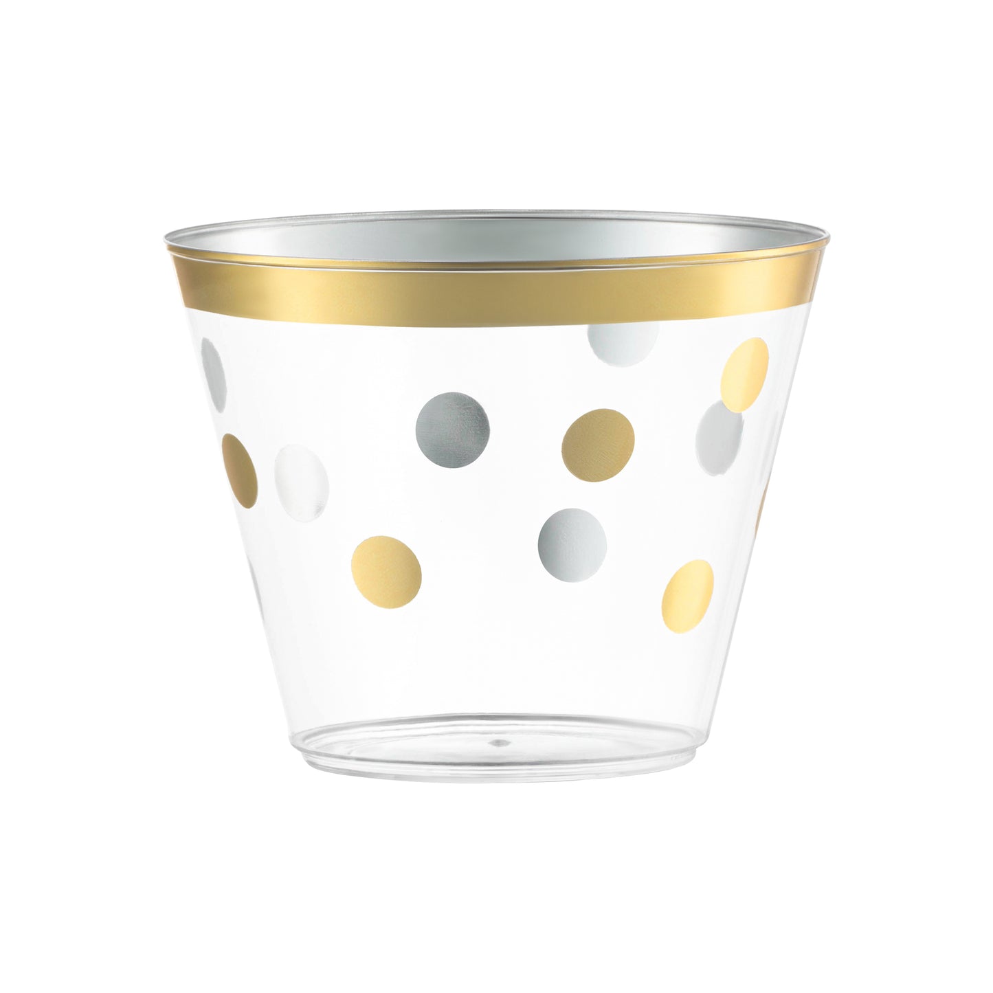 9 oz. Clear with Gold Dots Round Disposable Plastic Party Cups Main | The Kaya Collection