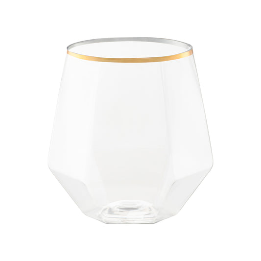 12 oz. Clear with Gold Rim Hexagonal Stemless Plastic Wine Goblets Main | The Kaya Collection