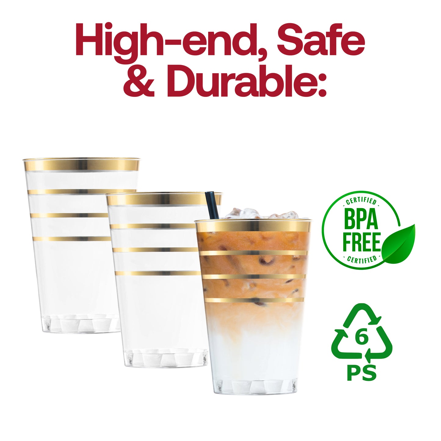 12 oz. Clear with Gold Stripes Round Disposable Plastic Tumblers BPA | The Kaya Collection