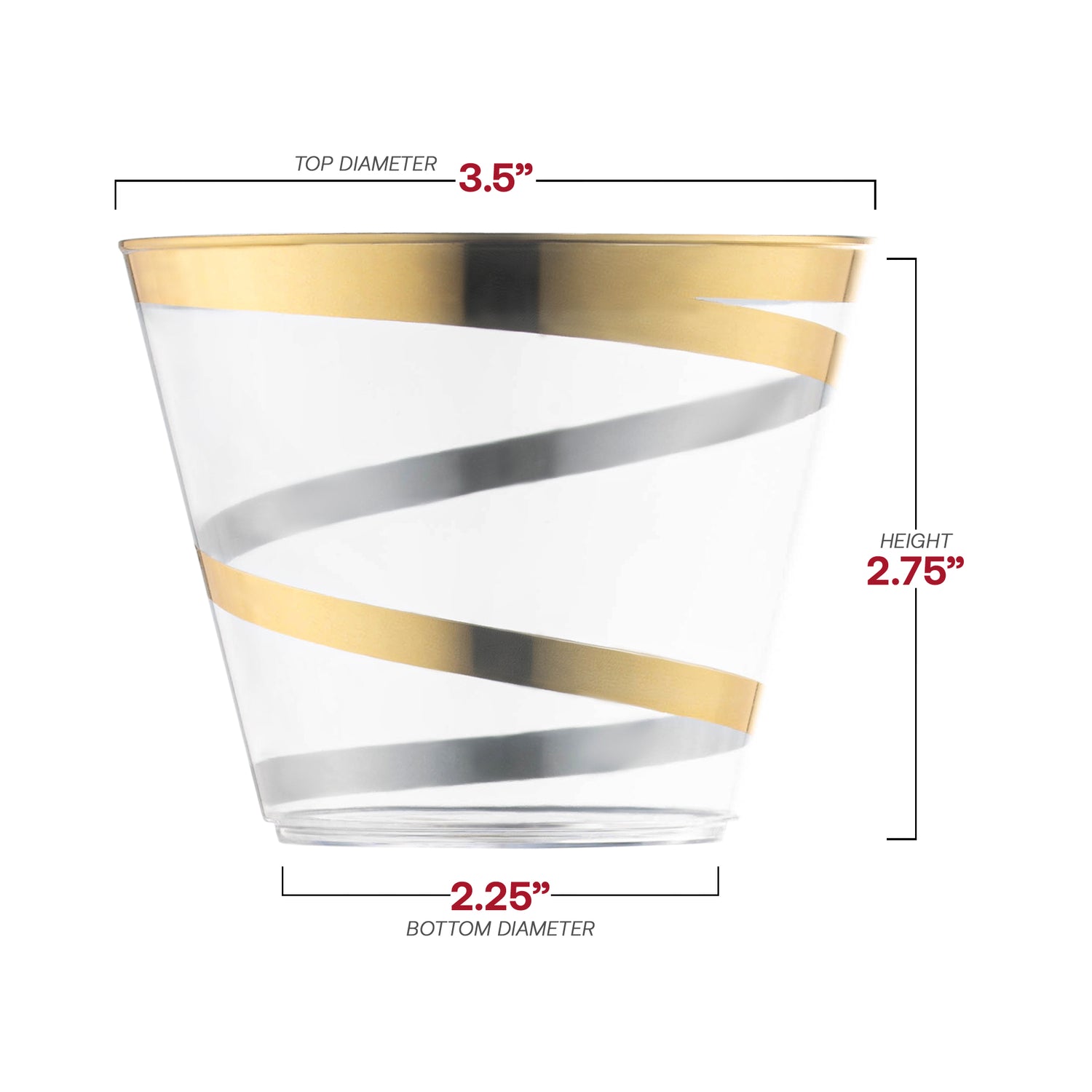 9 oz. Clear with Gold Swirl Round Disposable Plastic Party Cups Dimension | The Kaya Collection