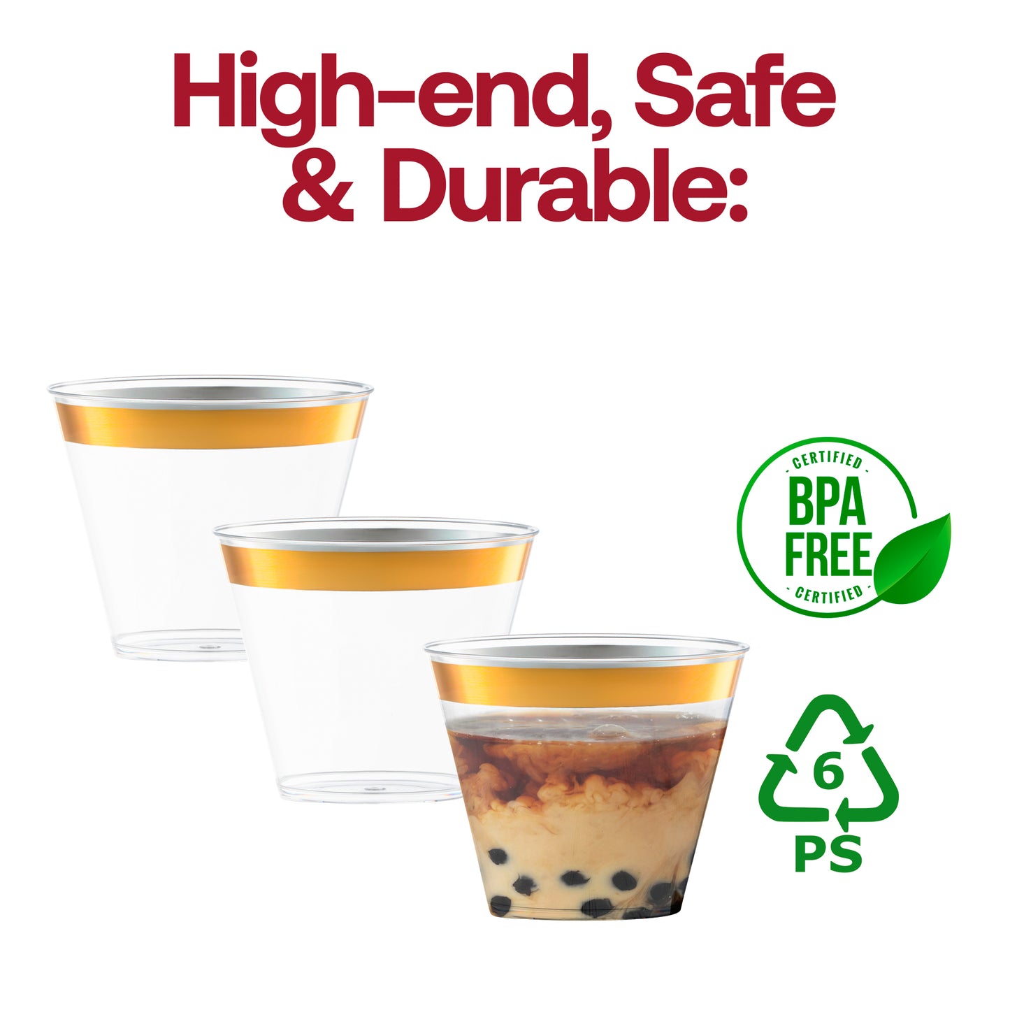 9 oz. Clear with Metallic Gold Rim Round Disposable Plastic Cups BPA | The Kaya Collection