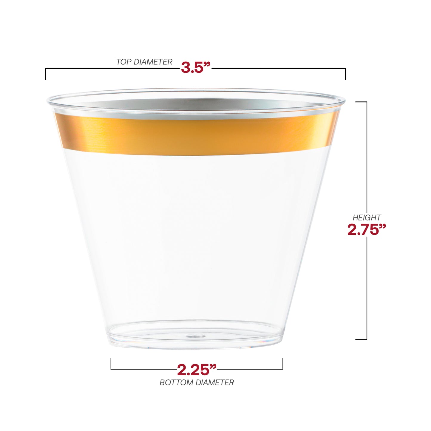 9 oz. Clear with Metallic Gold Rim Round Disposable Plastic Cups Dimension | The Kaya Collection