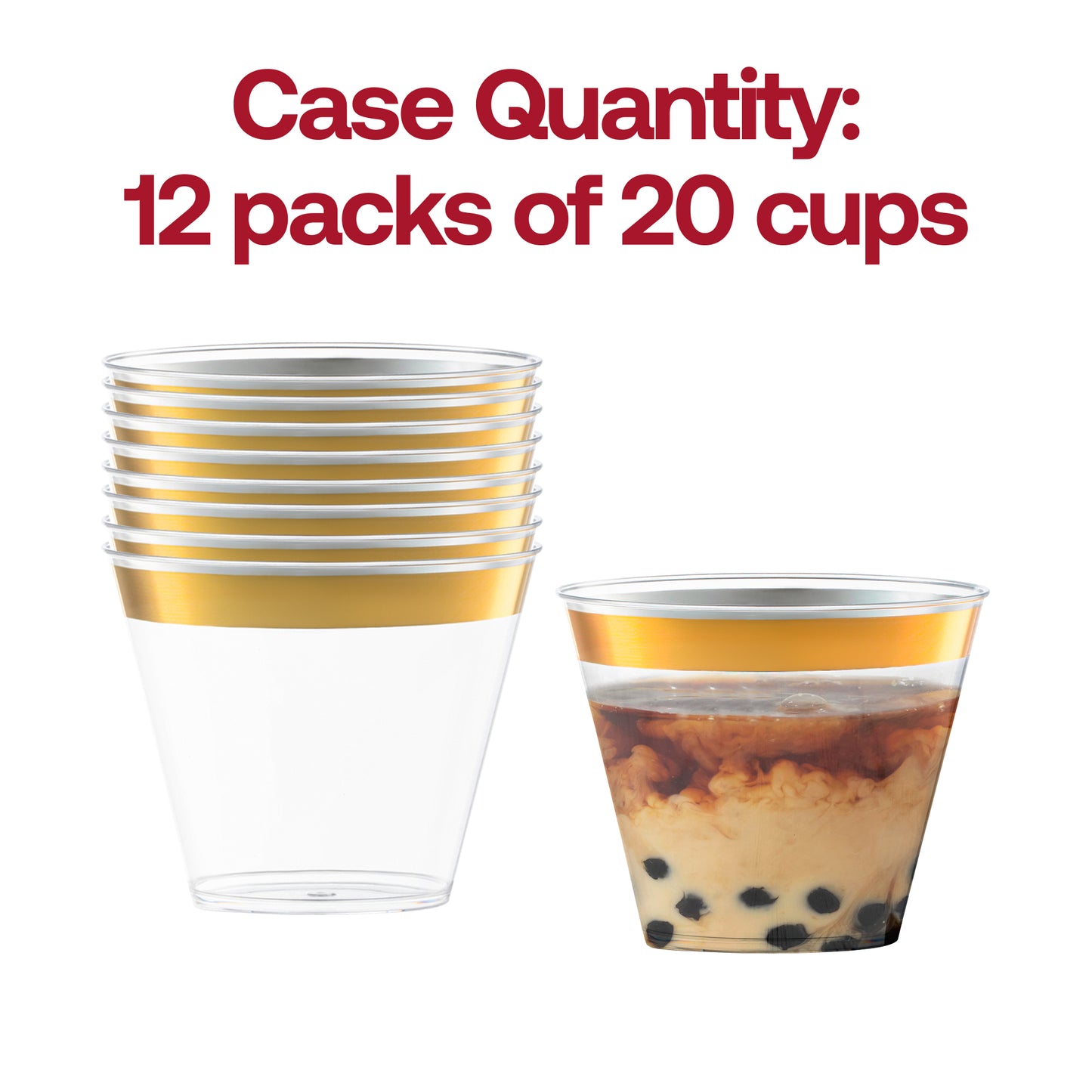 9 oz. Clear with Metallic Gold Rim Round Disposable Plastic Cups Quantity | The Kaya Collection