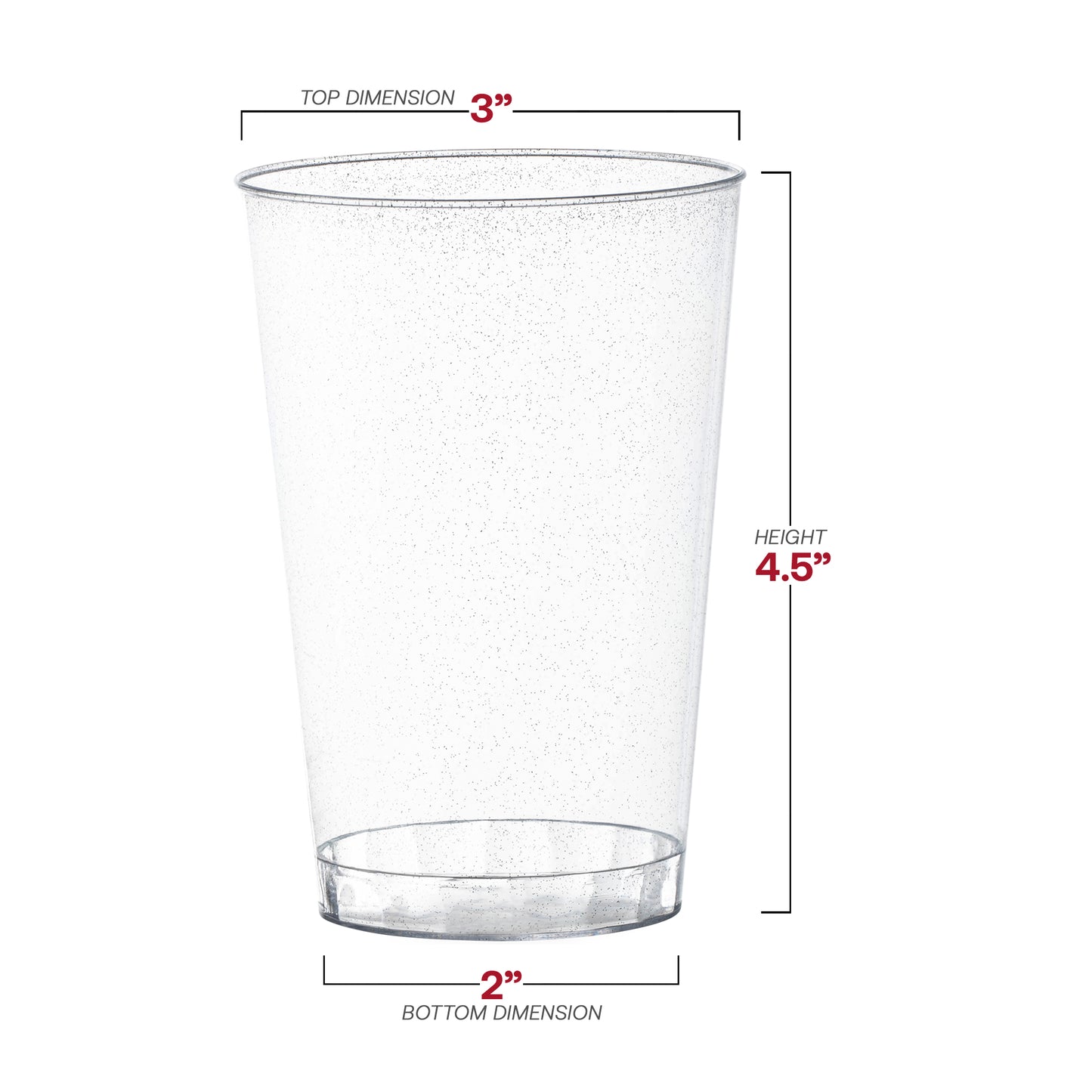 12 oz. Clear with Silver Glitter Round Disposable Plastic Tumblers Dimension | The Kaya Collection