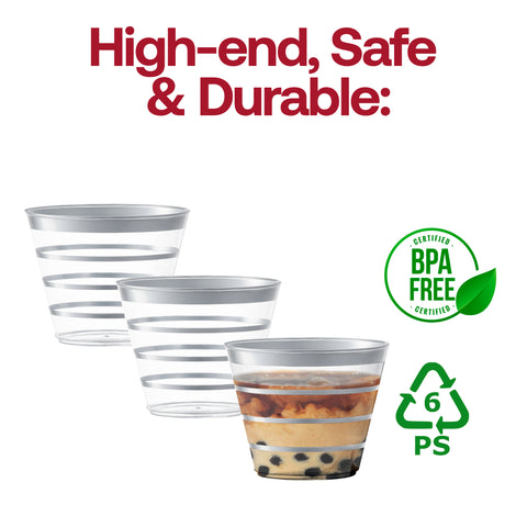9 oz. Clear with Silver Stripes Round Disposable Plastic Party Cups BPA | The Kaya Collection