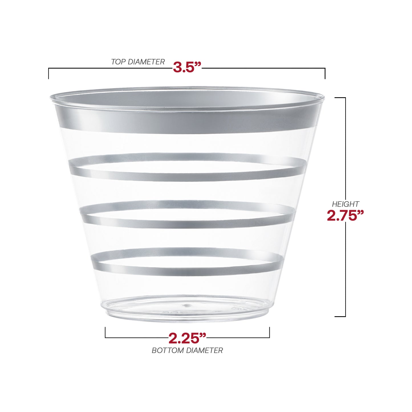 9 oz. Clear with Silver Stripes Round Disposable Plastic Party Cups Dimension | The Kaya Collection