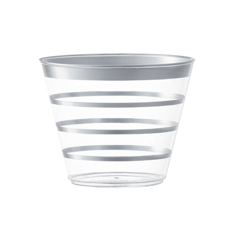 9 oz. Clear with Silver Stripes Round Disposable Plastic Party Cups Main | The Kaya Collection