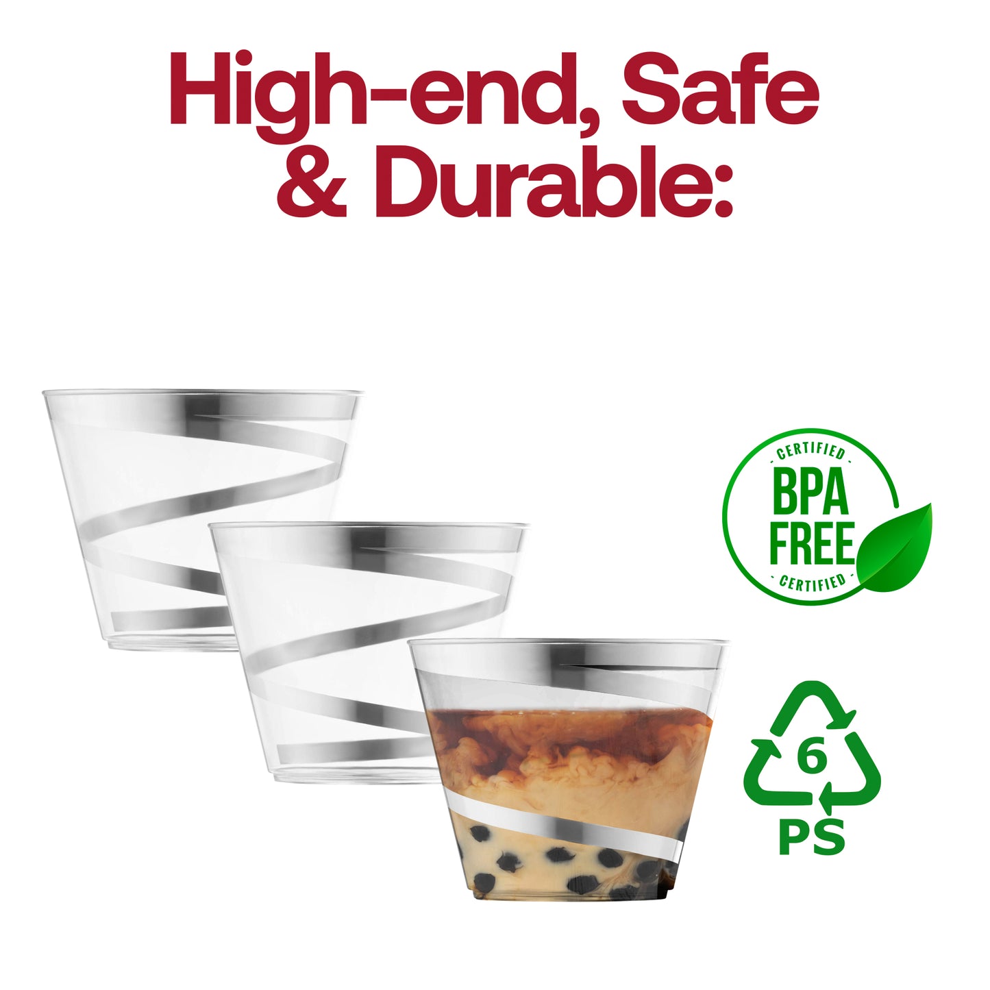 9 oz. Clear with Silver Swirl Round Disposable Plastic Party Cups BPA | The Kaya Collection