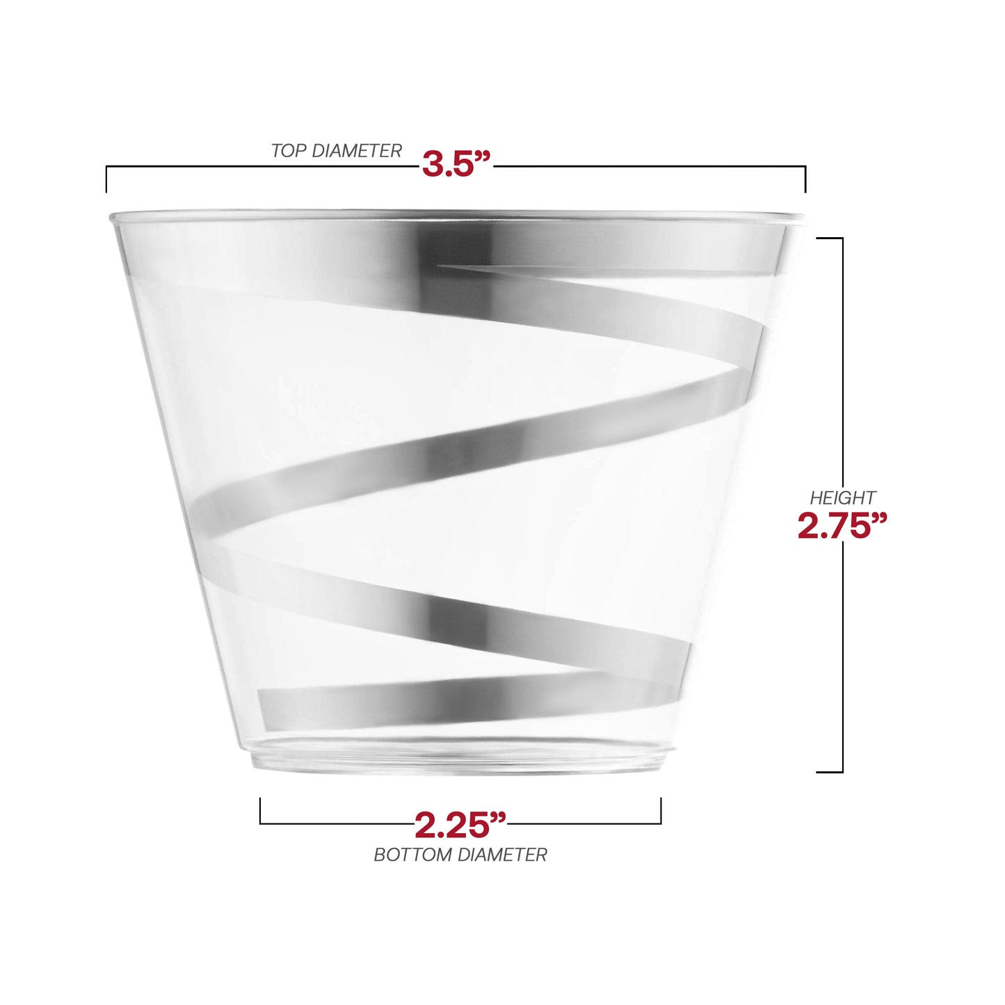 9 oz. Clear with Silver Swirl Round Disposable Plastic Party Cups Dimension | The Kaya Collection