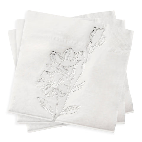 White with Silver Antique Floral Paper Beverage/Cocktail Napkins Secondary | The Kaya Collection