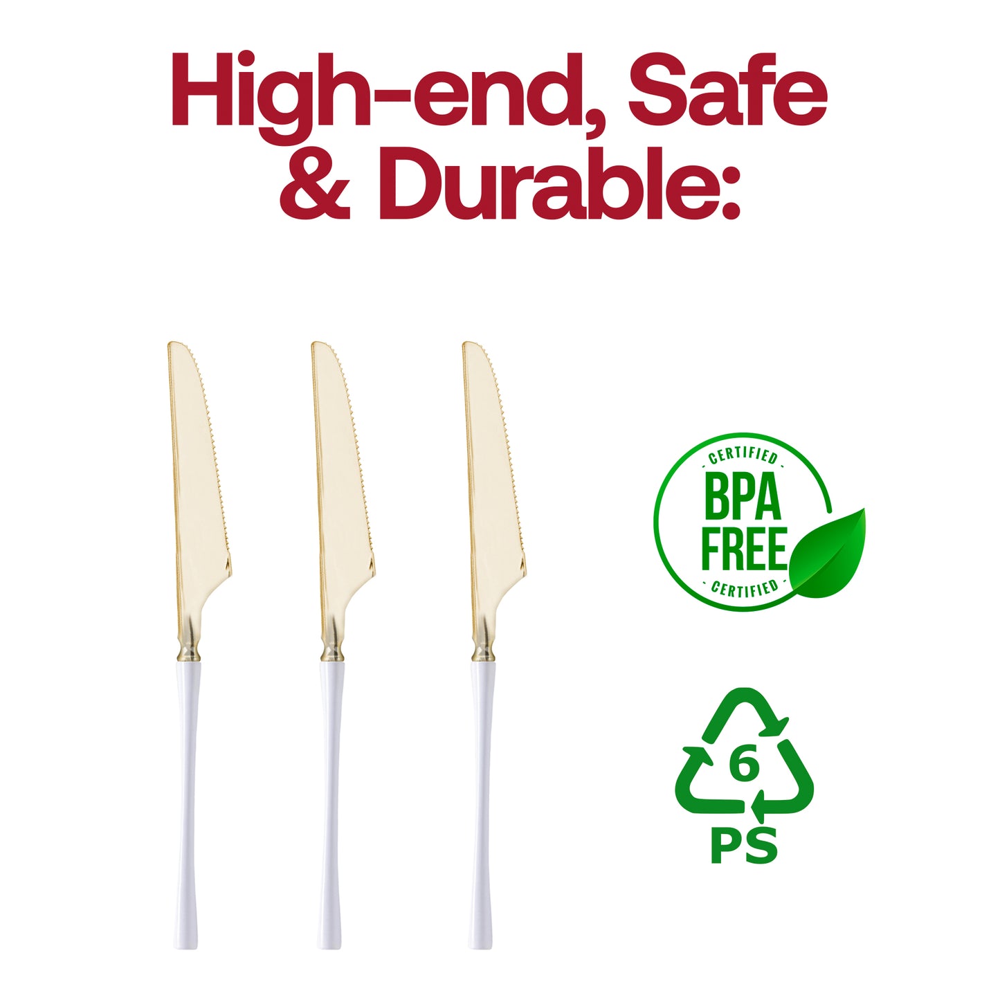 Gold with White Handle Moderno Disposable Plastic Dinner Knives BPA | The Kaya Collection