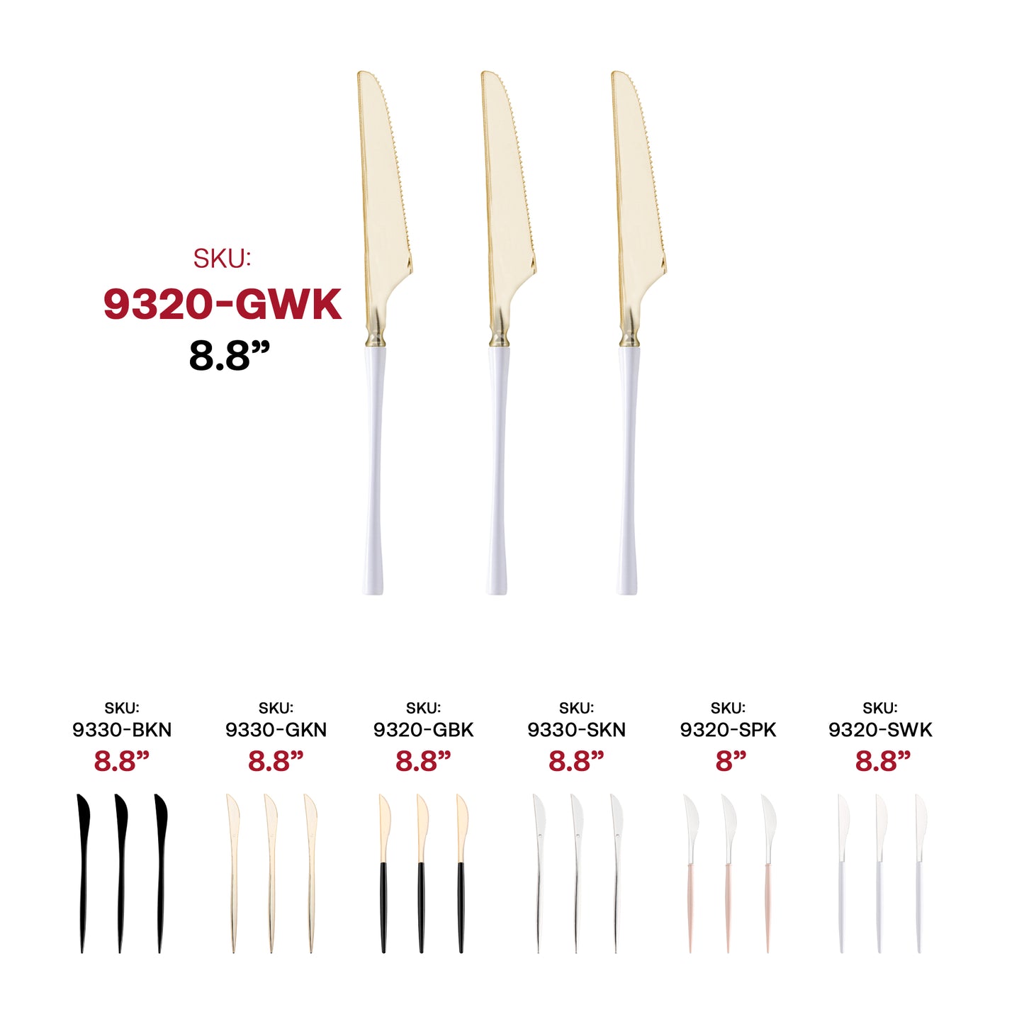 Gold with White Handle Moderno Disposable Plastic Dinner Knives SKU | The Kaya Collection