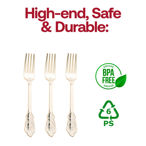 Shiny Baroque Gold Plastic Forks BPA | The Kaya Collection