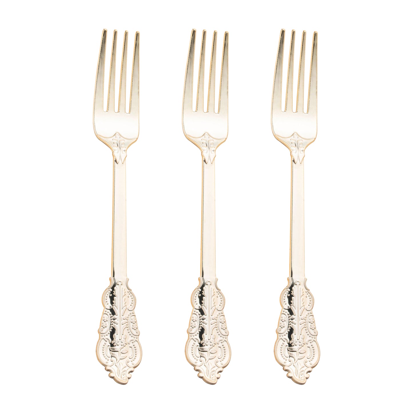 Shiny Baroque Gold Plastic Forks Secondary | The Kaya Collection